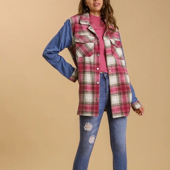 New UMGEE Plaid Flannel Fringe Shacket Magenta Pink Snap Up Denim Sleeves - Picture 11 of 13